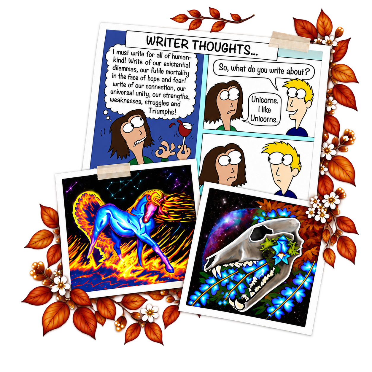 Elayne’s Writer Thoughts comic, blue horse artwork, and skull illustration framed with complete autumn leaves and flowers