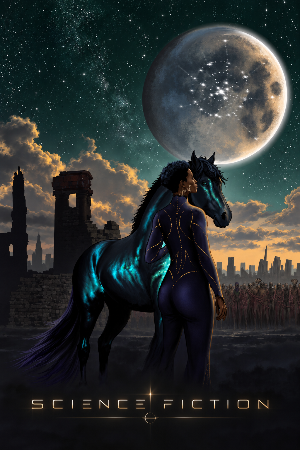 A woman and a luminous horse beneath a planet and a sky full of stars