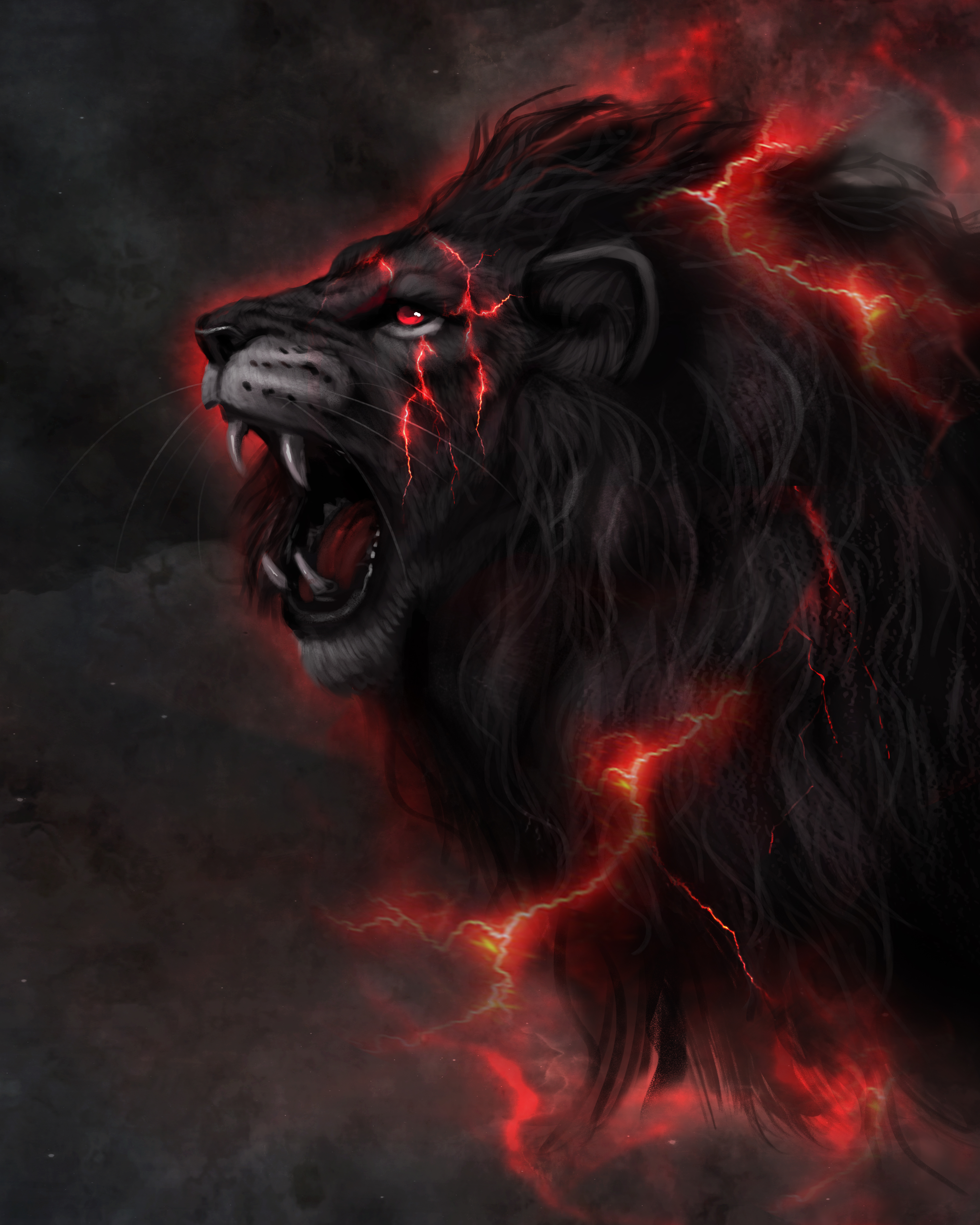 A black lion roaring amid red lightning