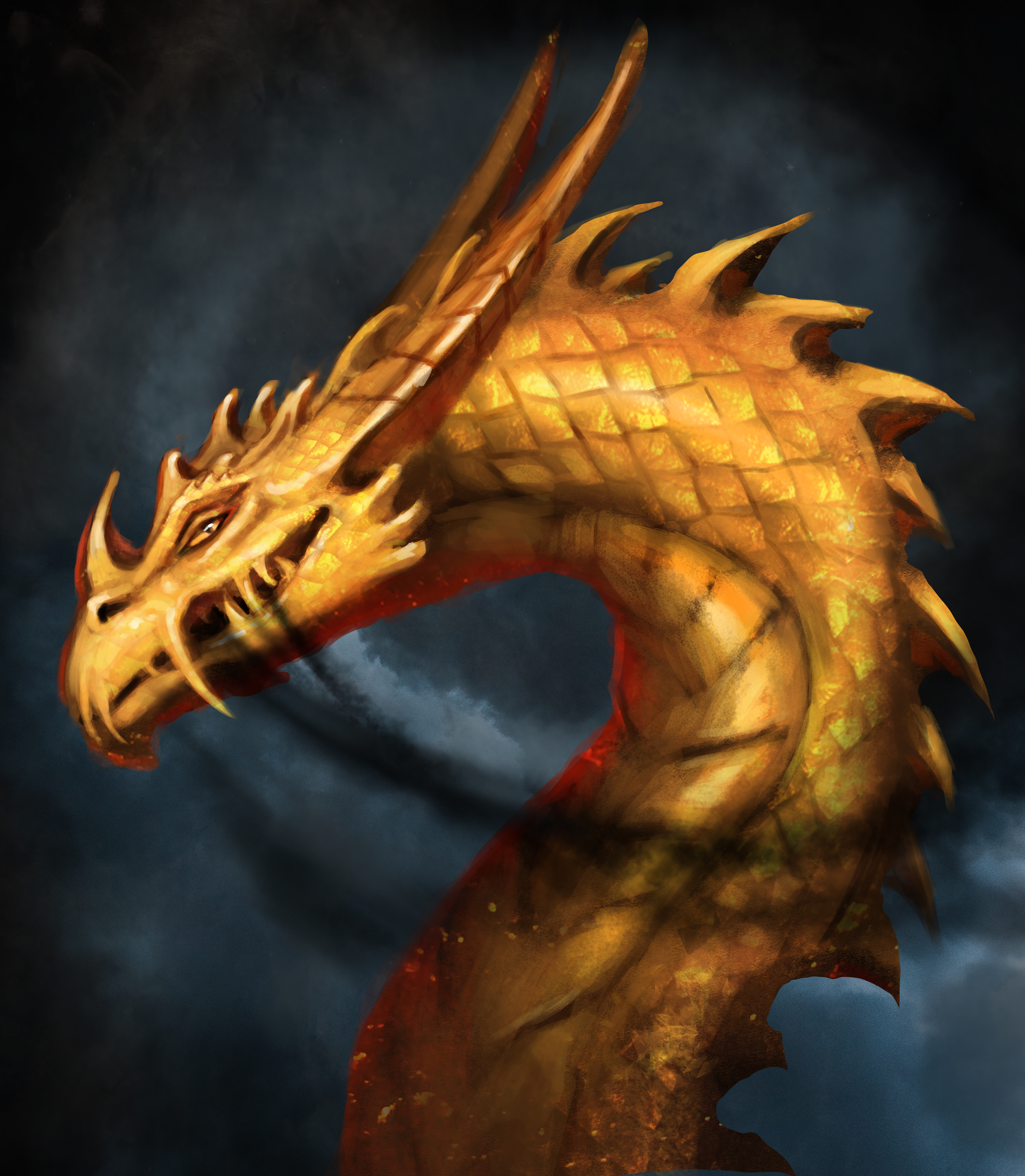 A golden dragon with brilliant orange scales against a stormy sky