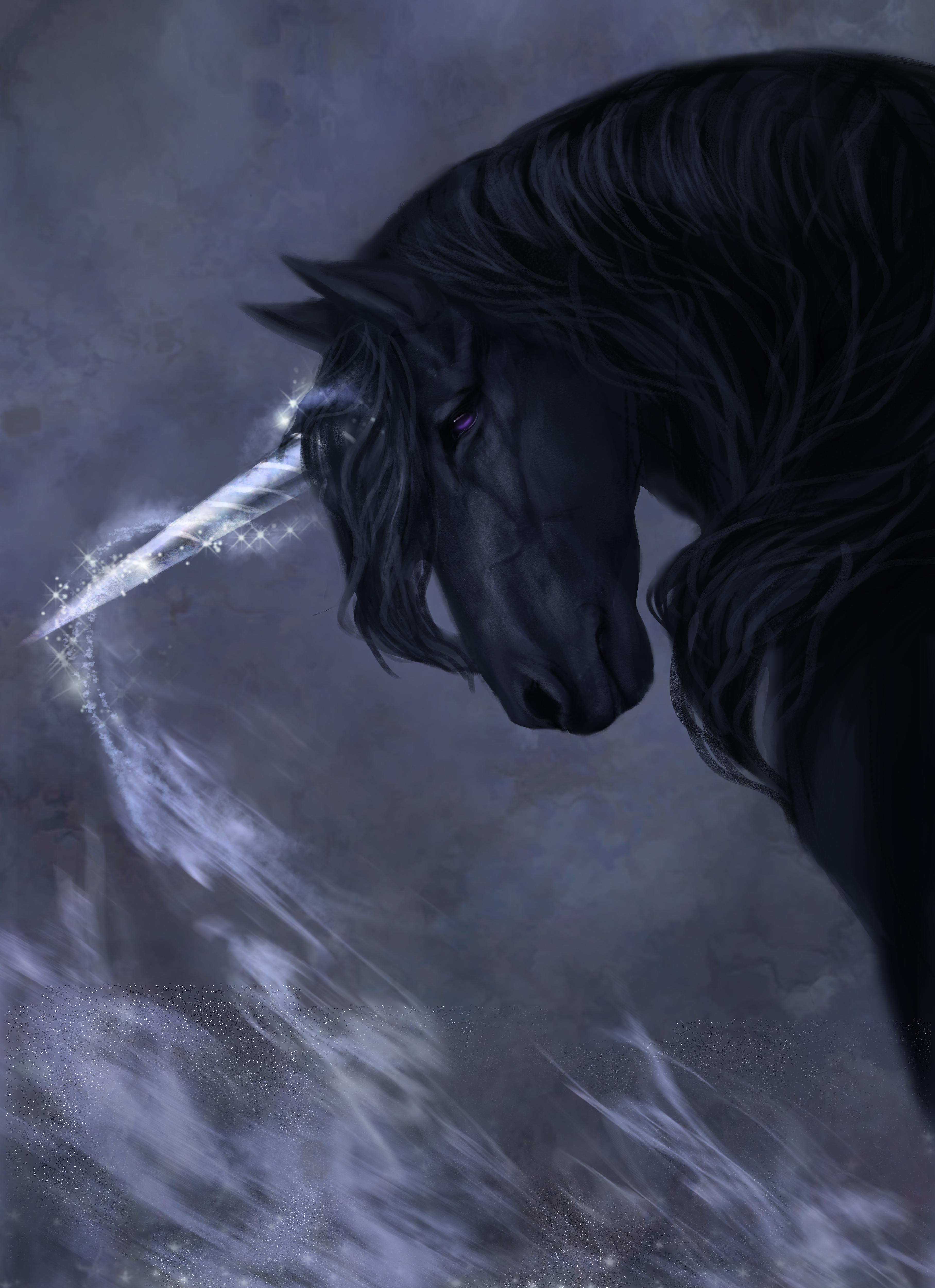 A black unicorn with a luminous spiraling horn and flowing mane