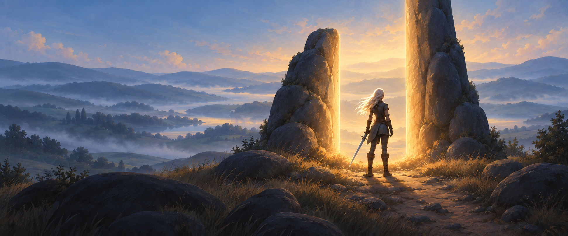 A lone adventurer faces a glowing golden portal between stone pillars amid blue mountains